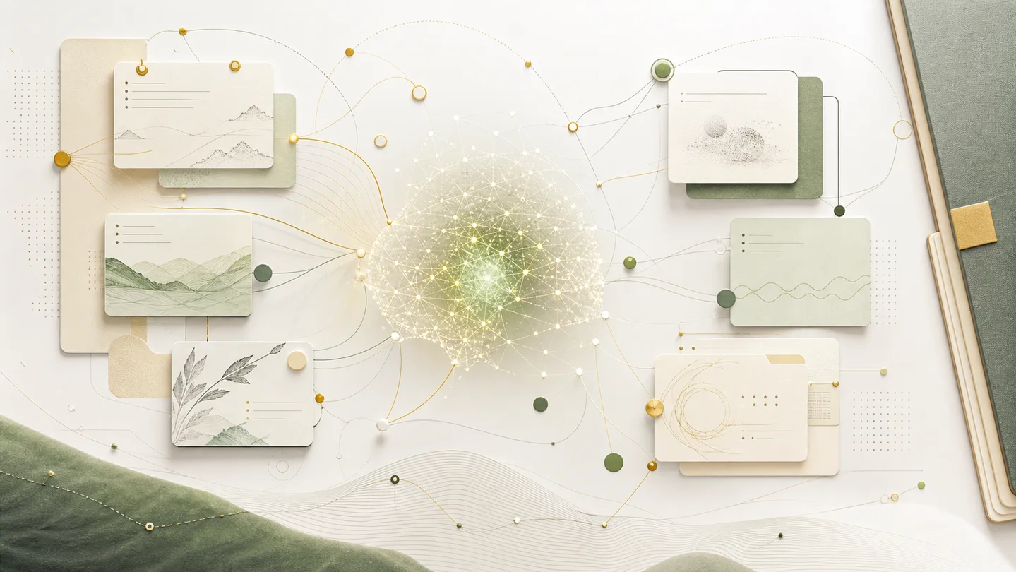 Abstract memory graph connecting notes, sources, and recall signals