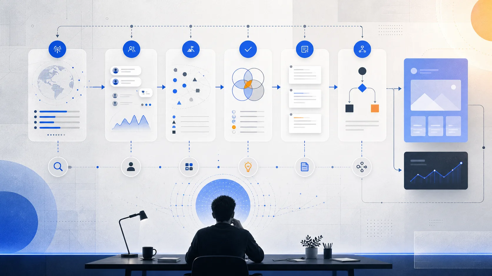 Abstract solo founder research workflow with market scans, customer signals, and product decisions