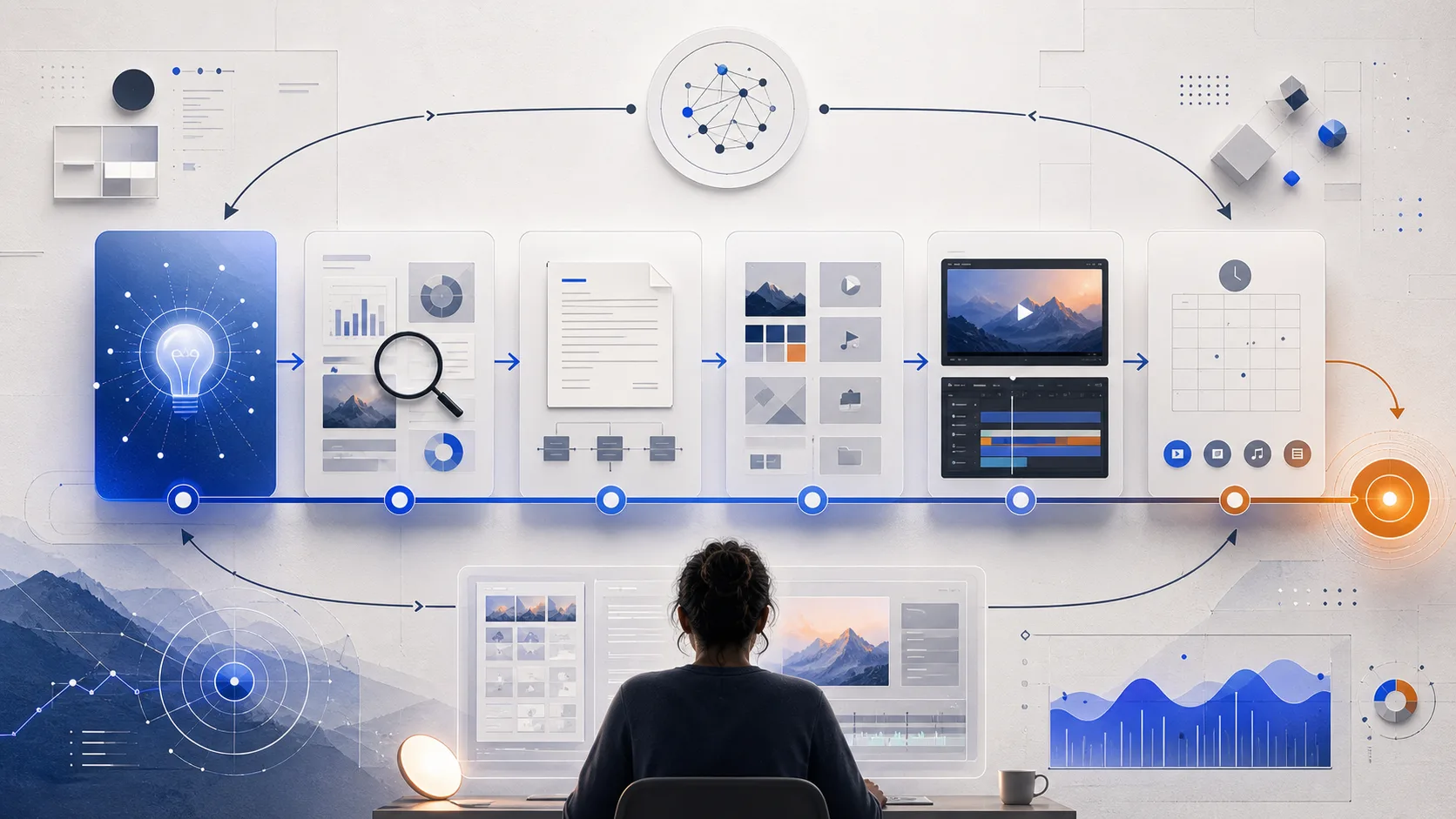Abstract content creator workflow with idea capture, trend research, scripting, editing, and feedback loops