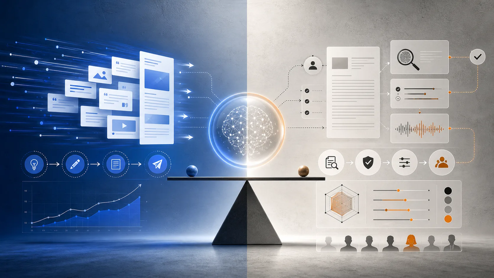 Abstract balanced content marketing system with velocity, review, originality, and quality controls