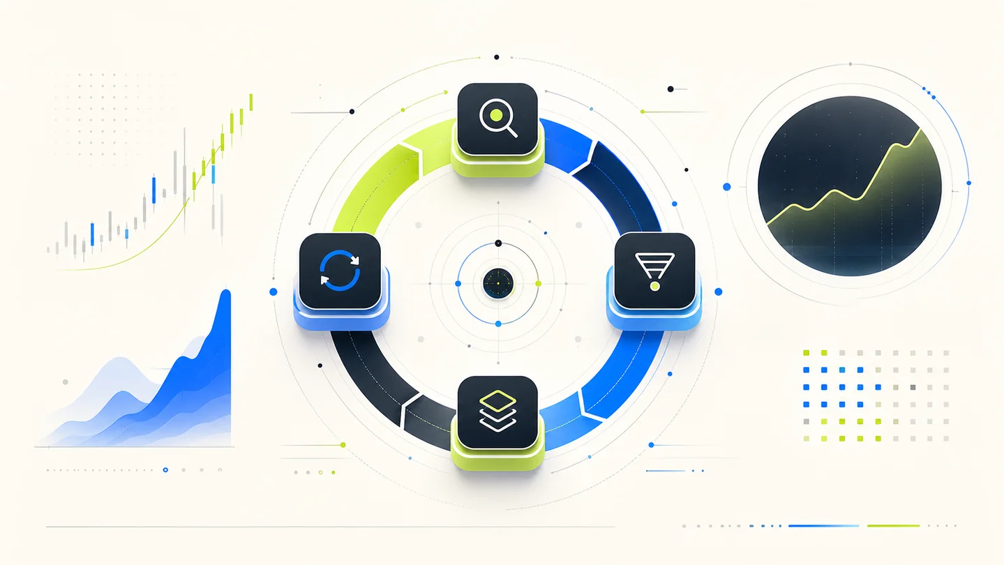 Abstract growth flywheel showing product discovery, traffic loops, and conversion signals