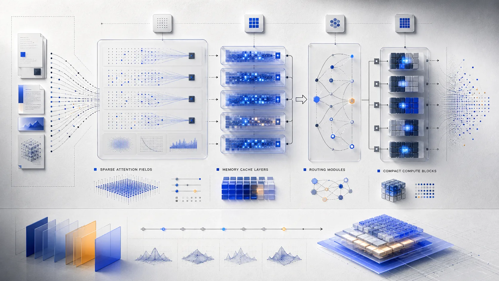 Abstract efficient LLM architecture blueprint with sparse attention, memory cache, routing, and compute blocks