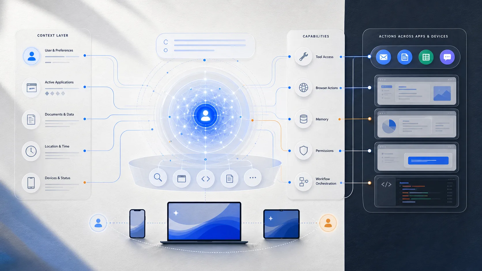 Abstract personal AI assistant framework spanning apps, devices, context, tools, memory, and permissions