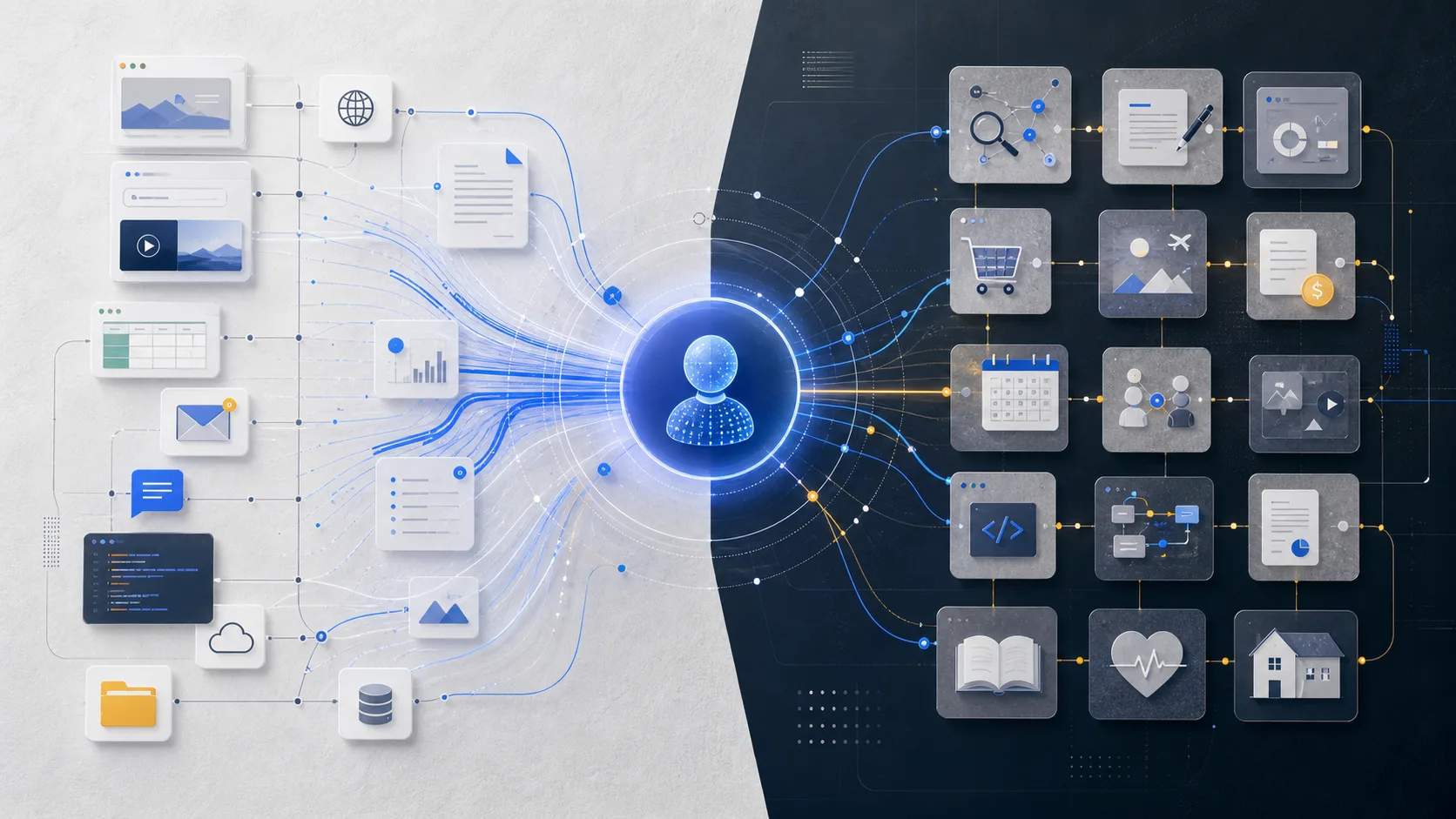 Abstract AI assistant use-case network with browser tasks, files, messages, workflows, and automation paths