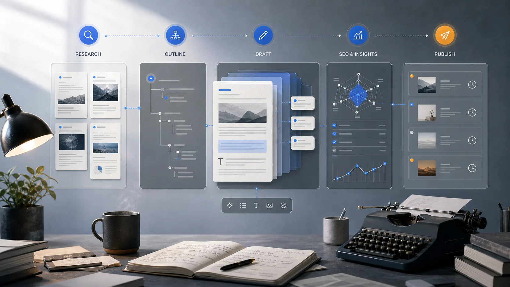 Abstract editorial desk with research cards, outline tree, SEO signal graph, and publish queue